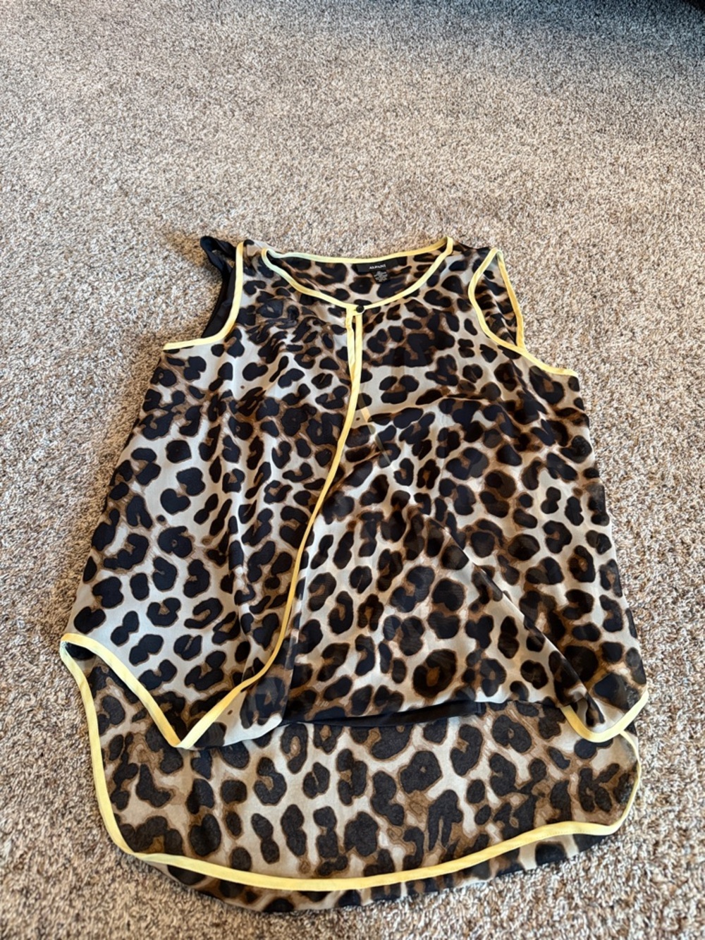 Alfani Leopard Print Sheer Sleeveless Top with Yellow Trim